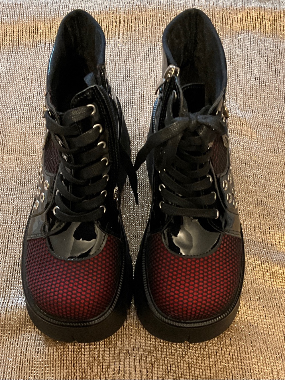 Black Patent & Red with Mesh Combat Boots